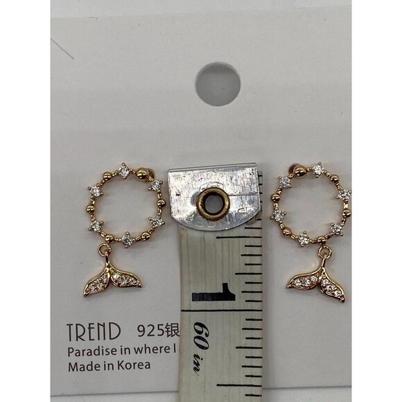 Mermaid Tail Earrings 925 Sterling Sliver 18K Gold Plated Zircon Circle Women’s - Picture 3 of 5